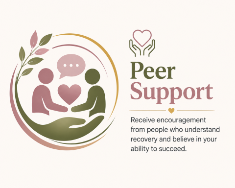 Graphic depicting two figures sharing a heart, symbolizing peer support and encouragement.